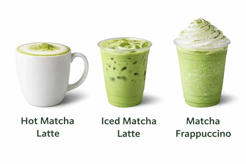Comparison of Starbucks matcha drinks including hot latte iced latte and frappuccino