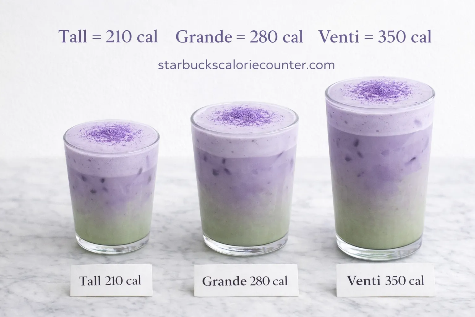 Starbucks Lavender Oatmilk Latte calories by size — Tall 210, Grande 280, Venti 350