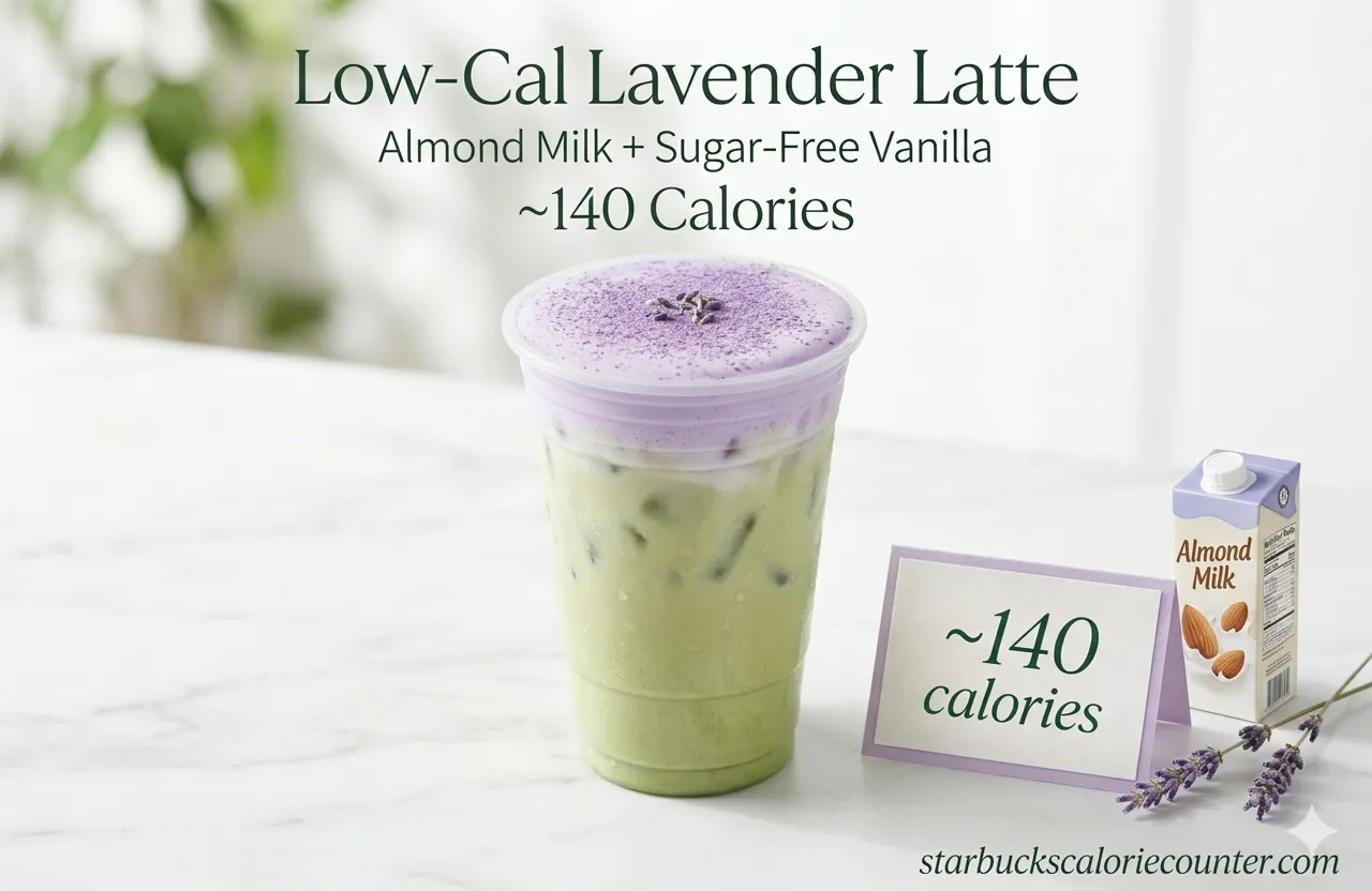Low calorie Starbucks lavender oatmilk latte with almond milk and sugar-free vanilla at approximately 140 calories