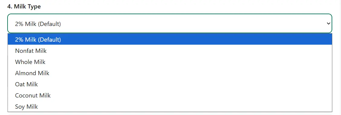 Starbucks nutrition calculator — Step 4: select milk type