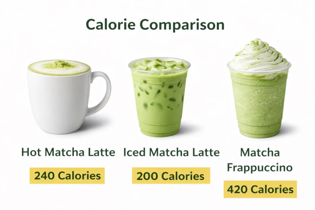 Infographic showing calories in Starbucks matcha latte iced latte and frappuccino