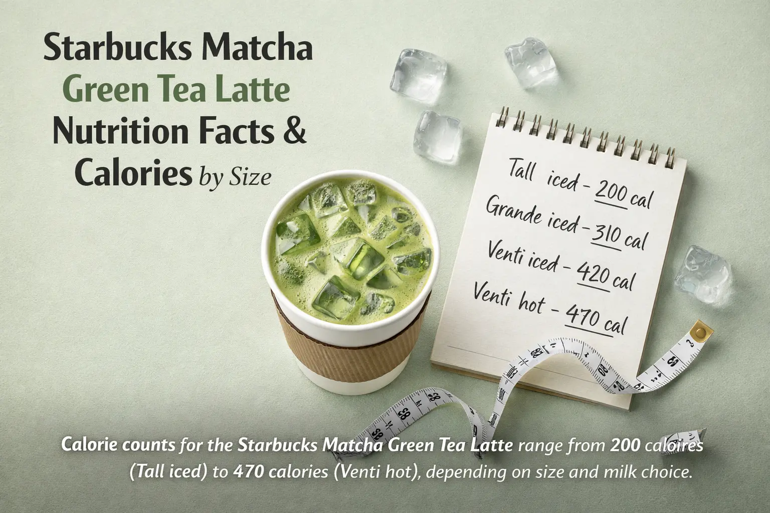 Starbucks matcha green tea latte in a paper cup beside a handwritten nutrition notepad and measuring tape on a sage green background