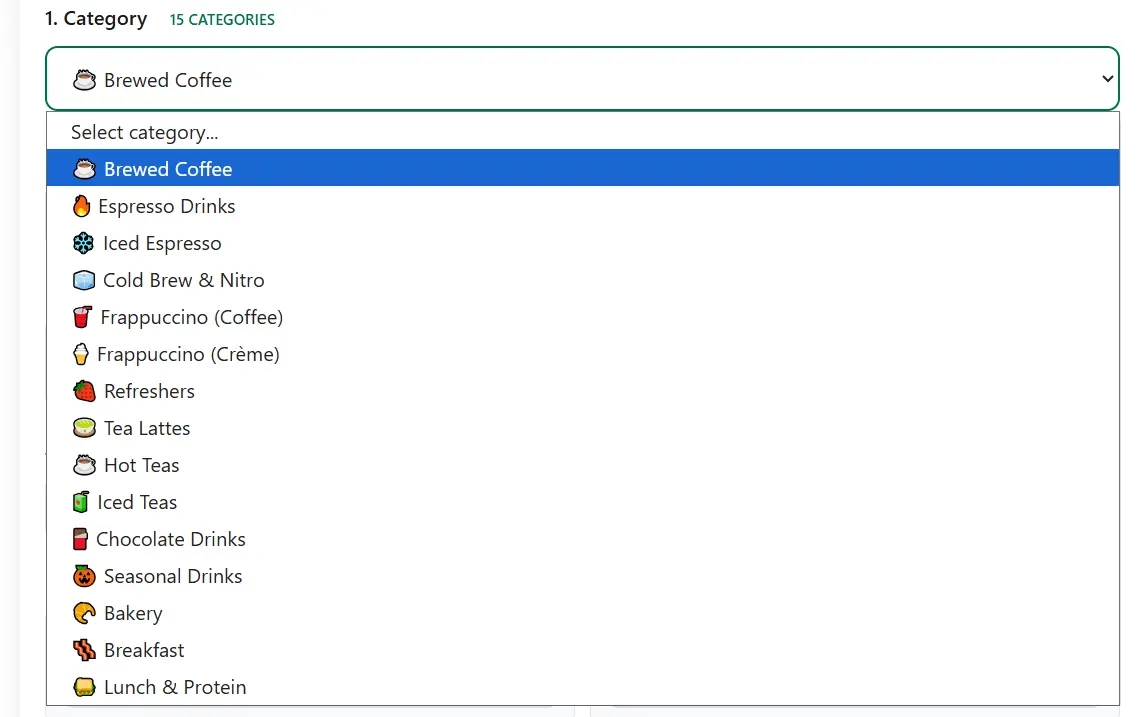 Starbucks nutrition calculator — Step 1: select drink category
