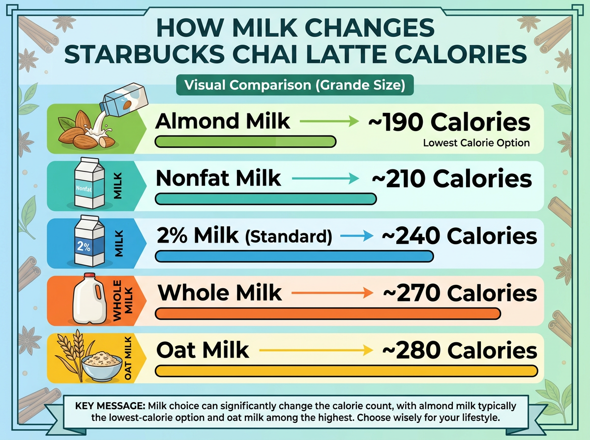 How milk type changes Starbucks chai latte calories — almond vs whole vs oat