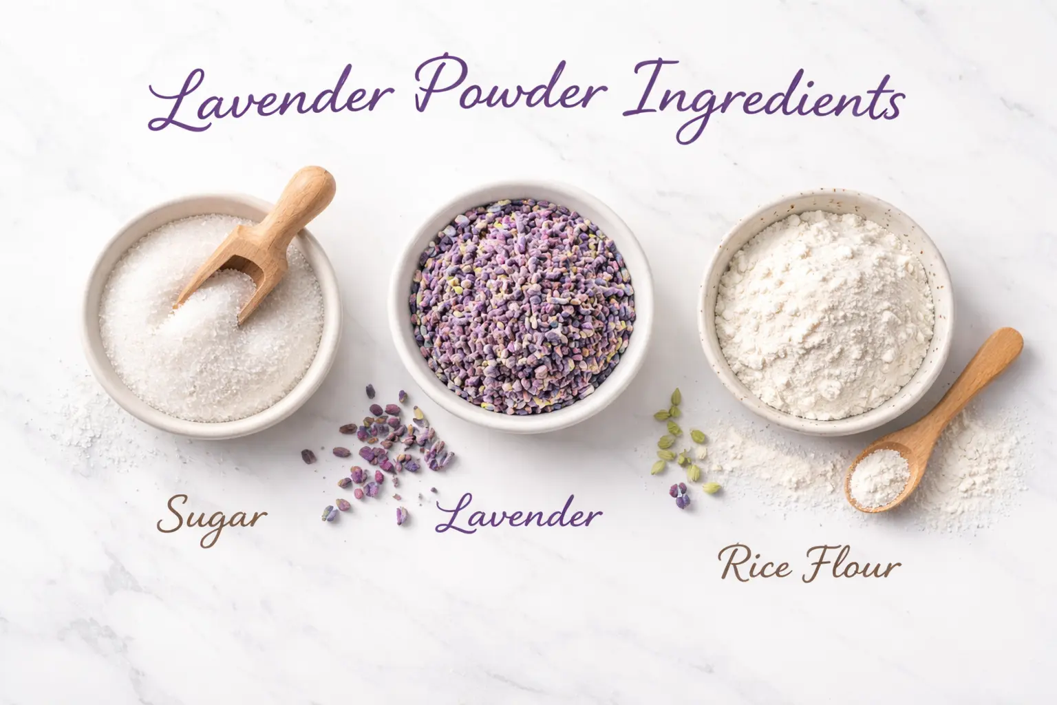Lavender powder ingredients: sugar, lavender, rice flour