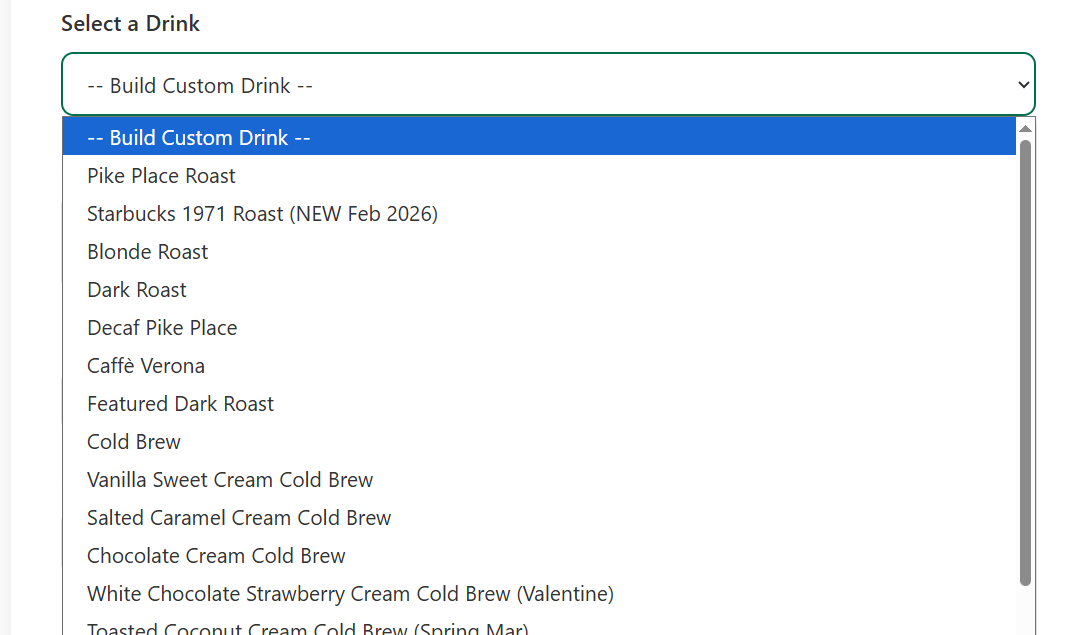 Starbucks calorie counter step 2 — select drink