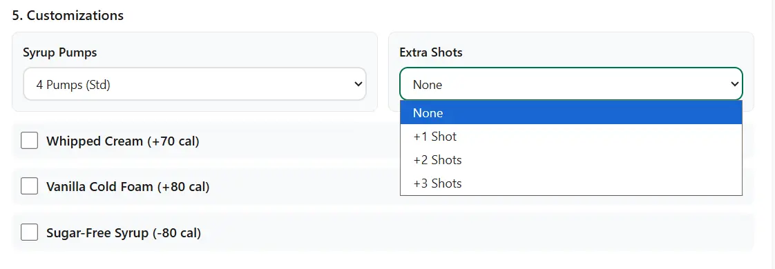 Starbucks nutrition calculator — Step 5: customize pumps, shots, and toppings
