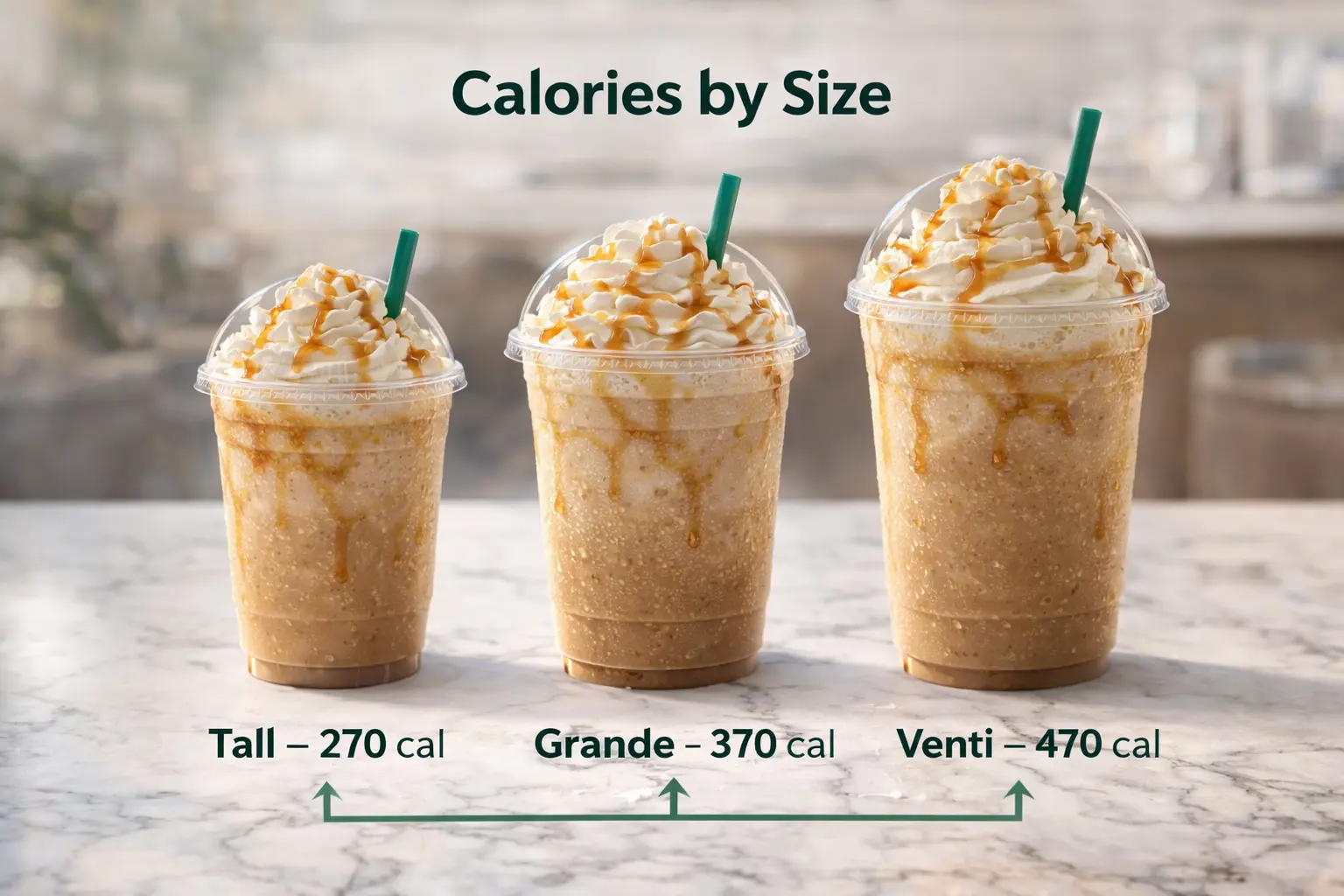 Caramel Frappuccino Calories by Size (Tall vs Grande vs Venti) Caramel Frappuccino size comparison showing Tall 270 calories Grande 370 calories Venti 470 calories
