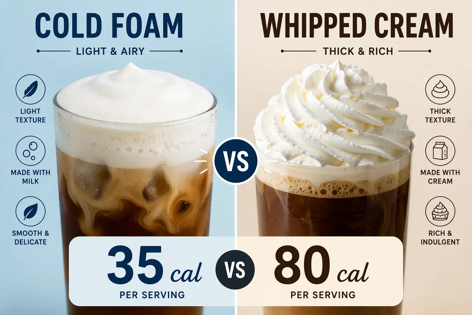 Side by side comparison of cold foam and whipped cream showing texture differences and calories 35 vs 80