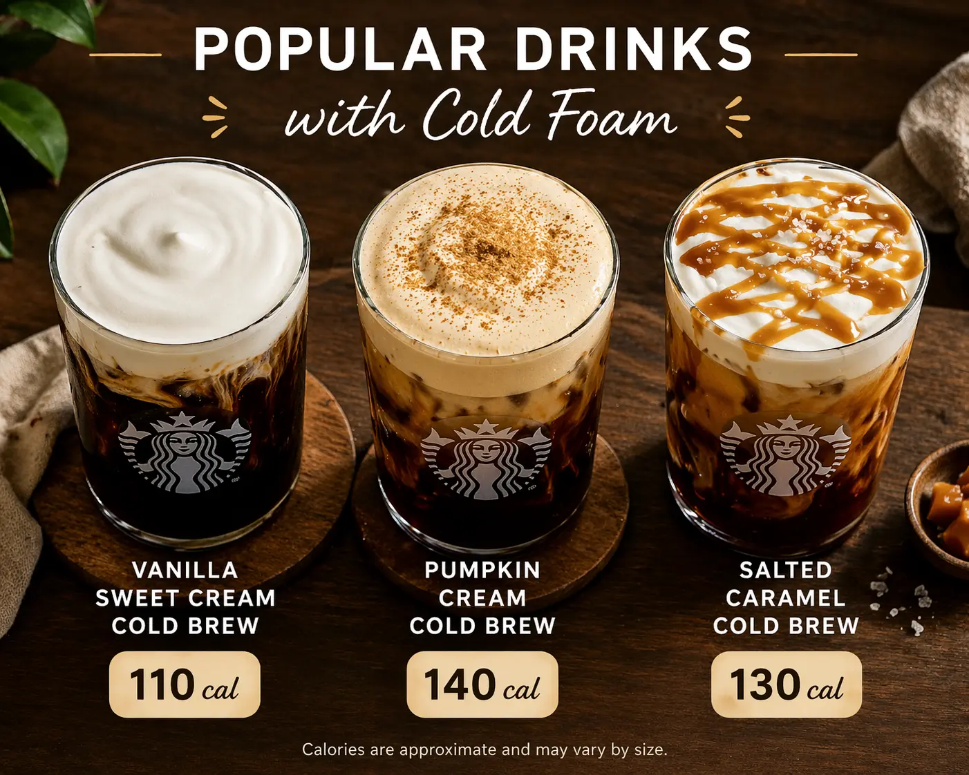 Vanilla sweet cream cold brew, pumpkin cream cold brew, and salted caramel cold brew with calorie labels