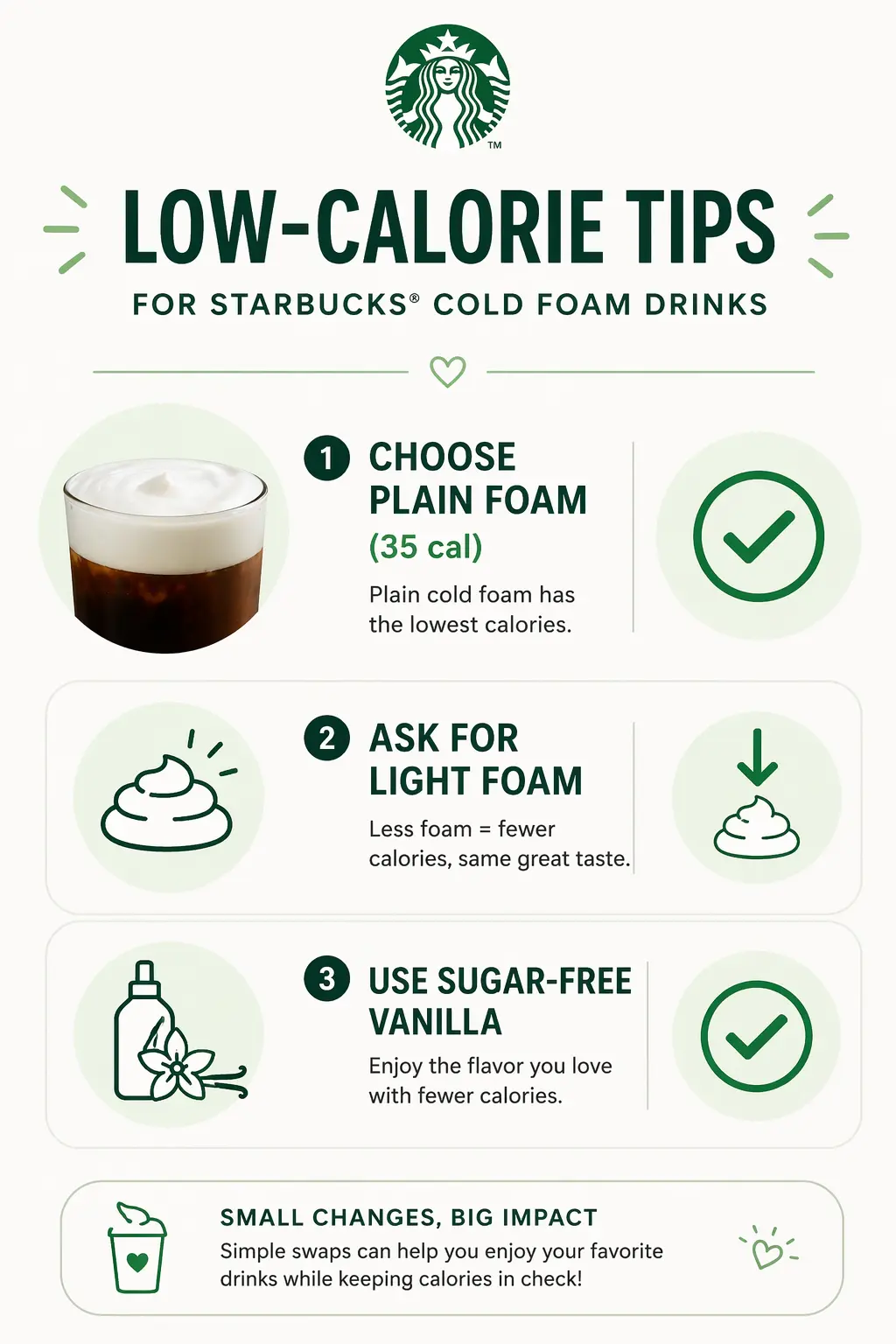 Infographic showing tips to reduce calories in Starbucks cold foam drinks like choosing plain foam and sugar free vanilla