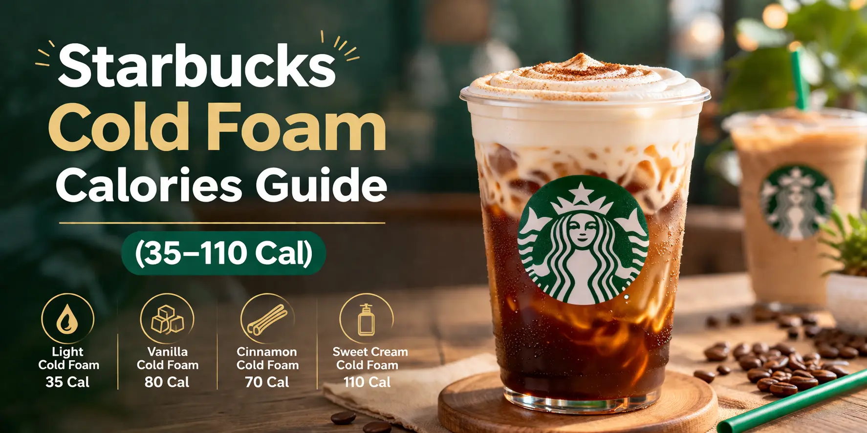 Iced Starbucks cold brew topped with creamy cold foam showing calorie range from 35 to 110 calories
