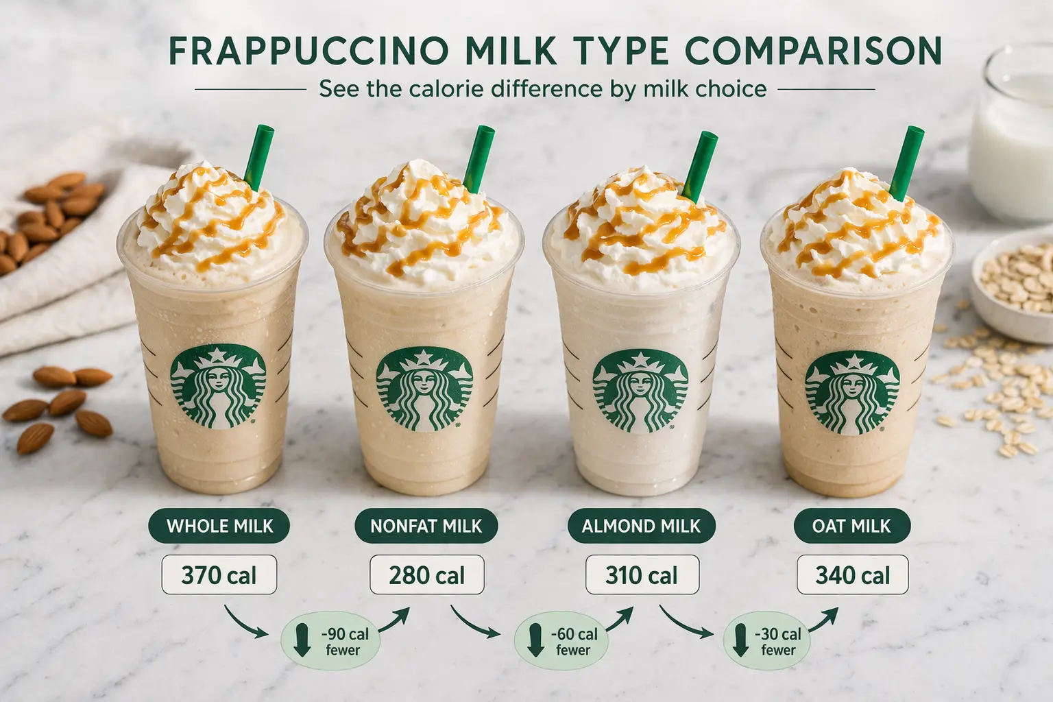 starbucks frappuccino calories milk comparison whole vs almond vs oat vs nonfat