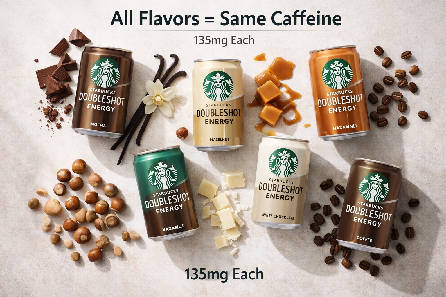 Starbucks Doubleshot Energy flavors mocha vanilla caramel hazelnut white chocolate with calories and caffeine details